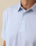 Men's Gin Therapy Polo in Pink Floyd, close-up front chest detail featuring two-button placket and an allover martini glass print in purple and light blue on white