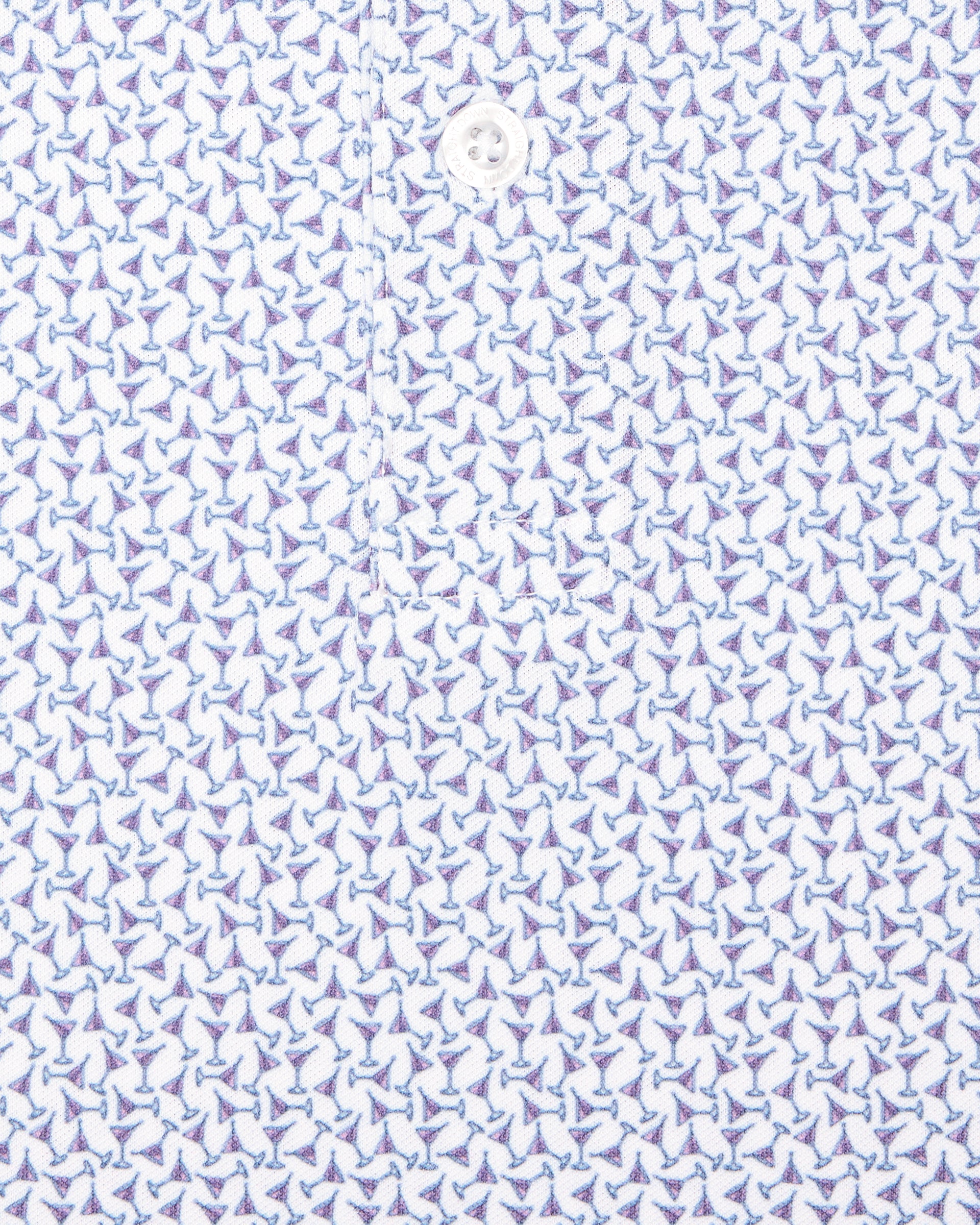 Men's Gin Therapy Polo in Pink Floyd, close-up fabric detail showing the allover martini glass print in purple and light blue on a white background