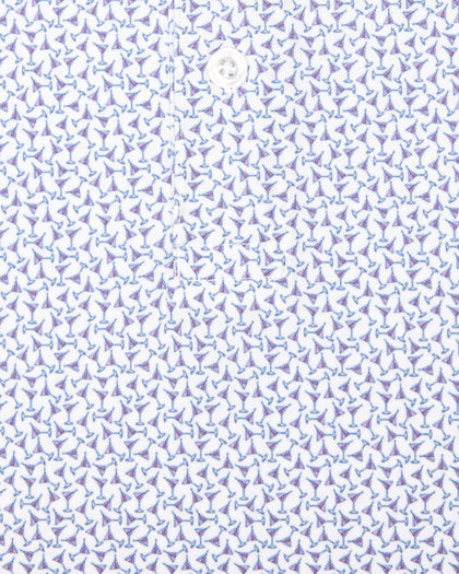 Men's Gin Therapy Polo in Pink Floyd, close-up fabric detail showing the allover martini glass print in purple and light blue on a white background