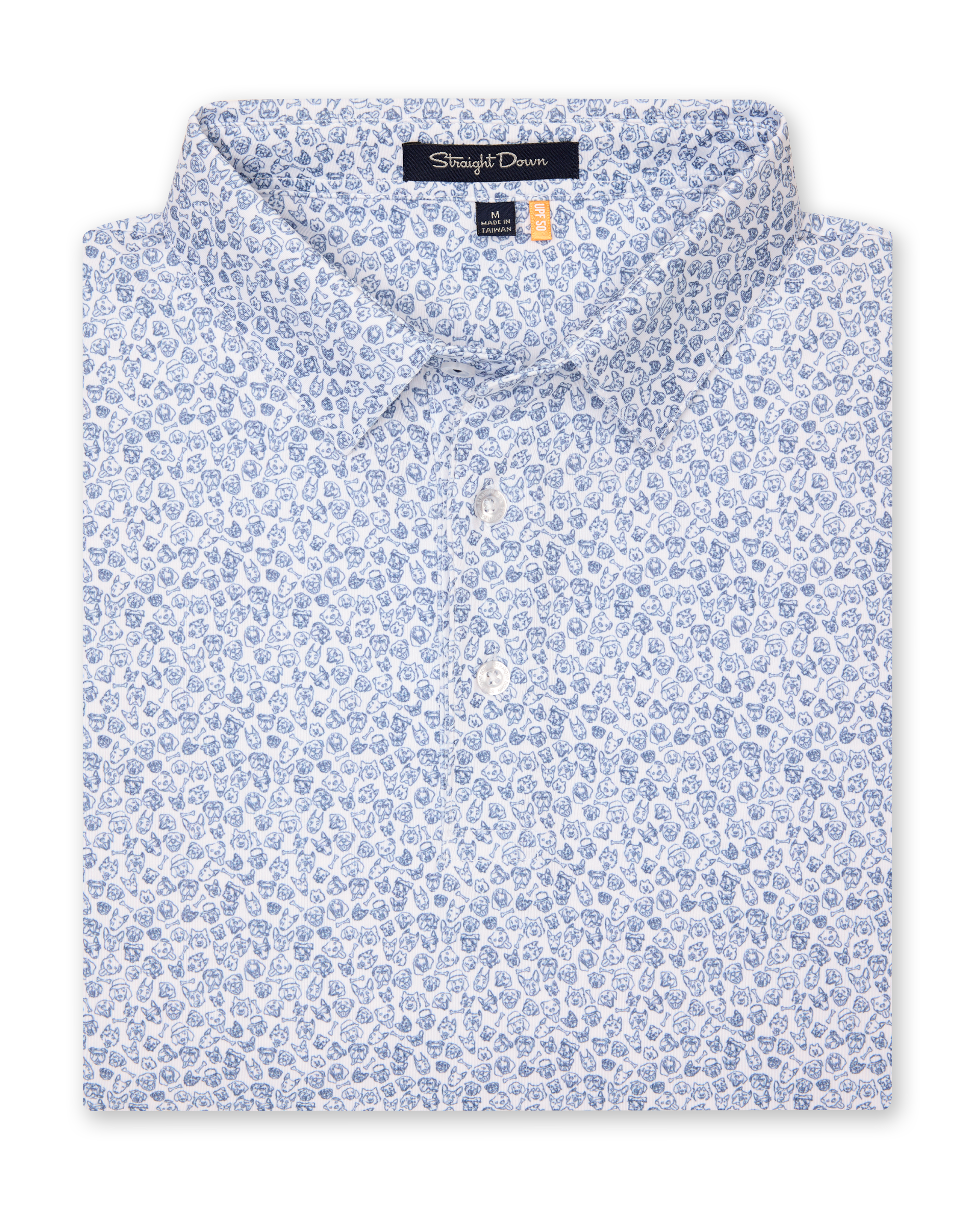 Men's Dog Pound Polo in Moonlight, folded flat lay front view featuring a white short sleeve polo with an all-over scattered dog face and bone print in navy
