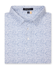 Men's Dog Pound Polo in Moonlight, folded flat lay front view featuring a white short sleeve polo with an all-over scattered dog face and bone print in navy