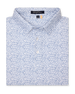 Men's Dog Pound Polo in Moonlight, folded flat lay front view featuring a white short sleeve polo with an all-over scattered dog face and bone print in navy
