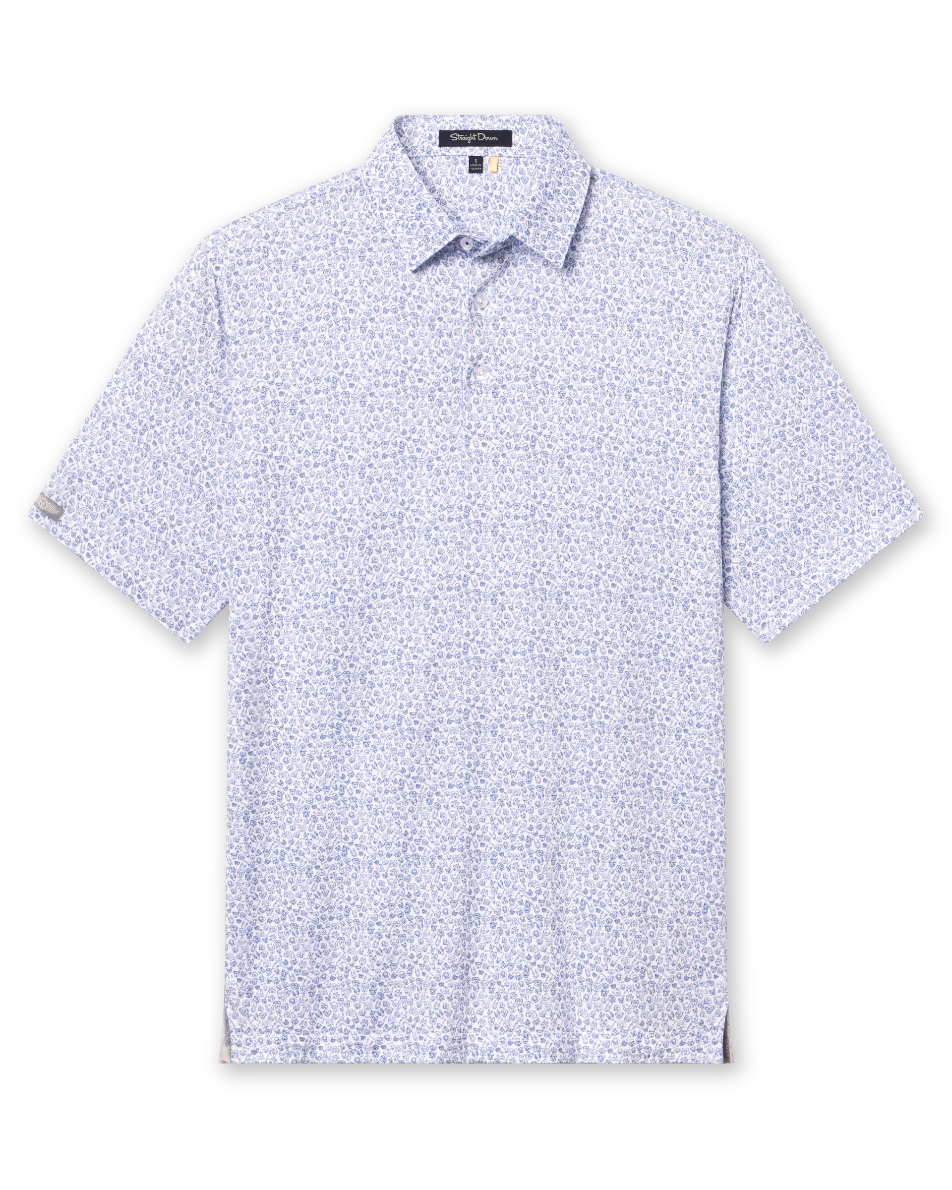 Men's Dog Pound Polo in Moonlight, flat lay front view featuring a white short sleeve polo with an all-over scattered dog face and bone print in navy