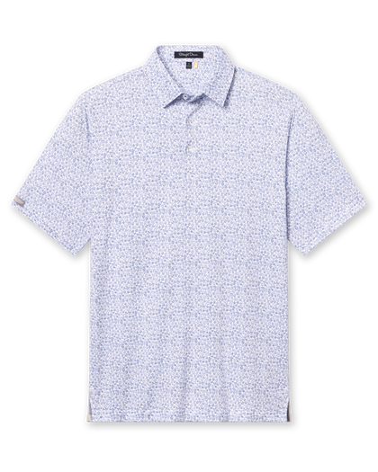 Men's Dog Pound Polo in Moonlight, flat lay front view featuring a white short sleeve polo with an all-over scattered dog face and bone print in navy