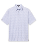 Men's Dog Pound Polo in Moonlight, flat lay front view featuring a white short sleeve polo with an all-over scattered dog face and bone print in navy