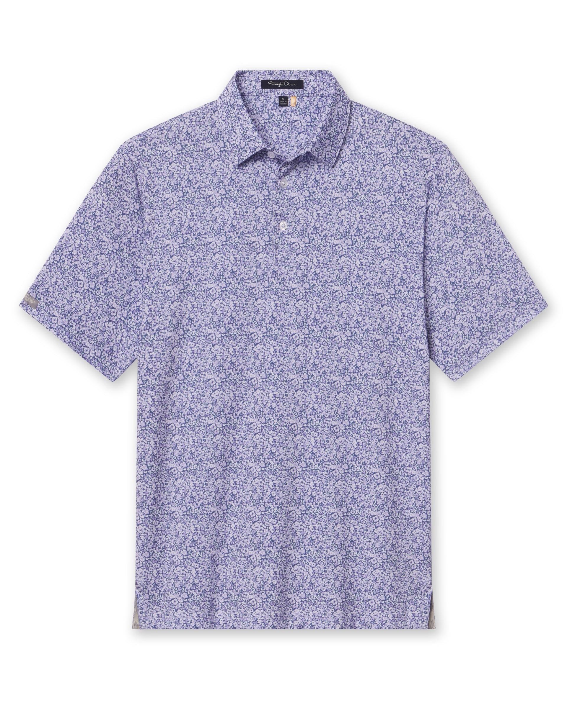 Front view of men’s light purple floral print polo shirt