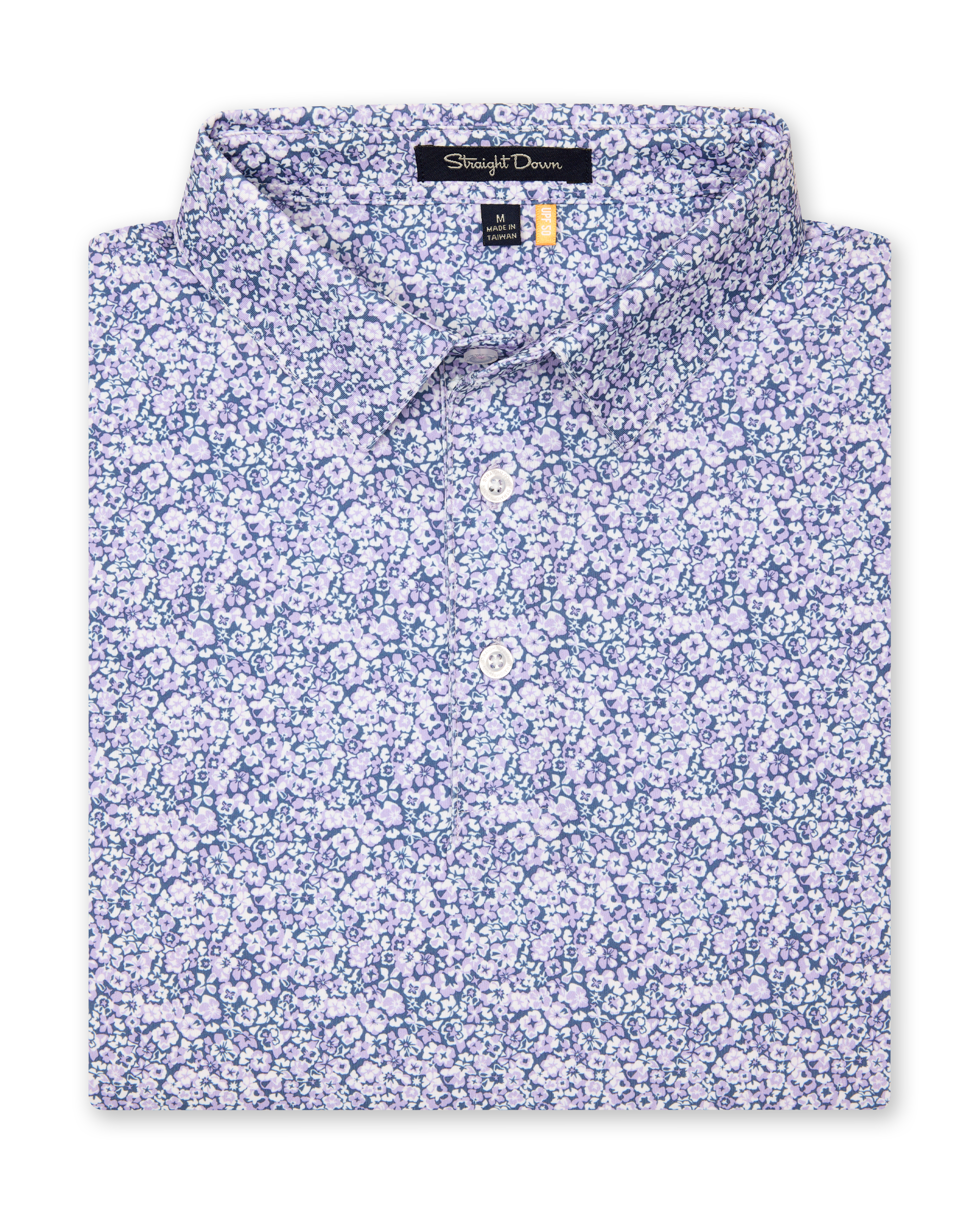 Folded men’s light purple micro floral print polo shirt