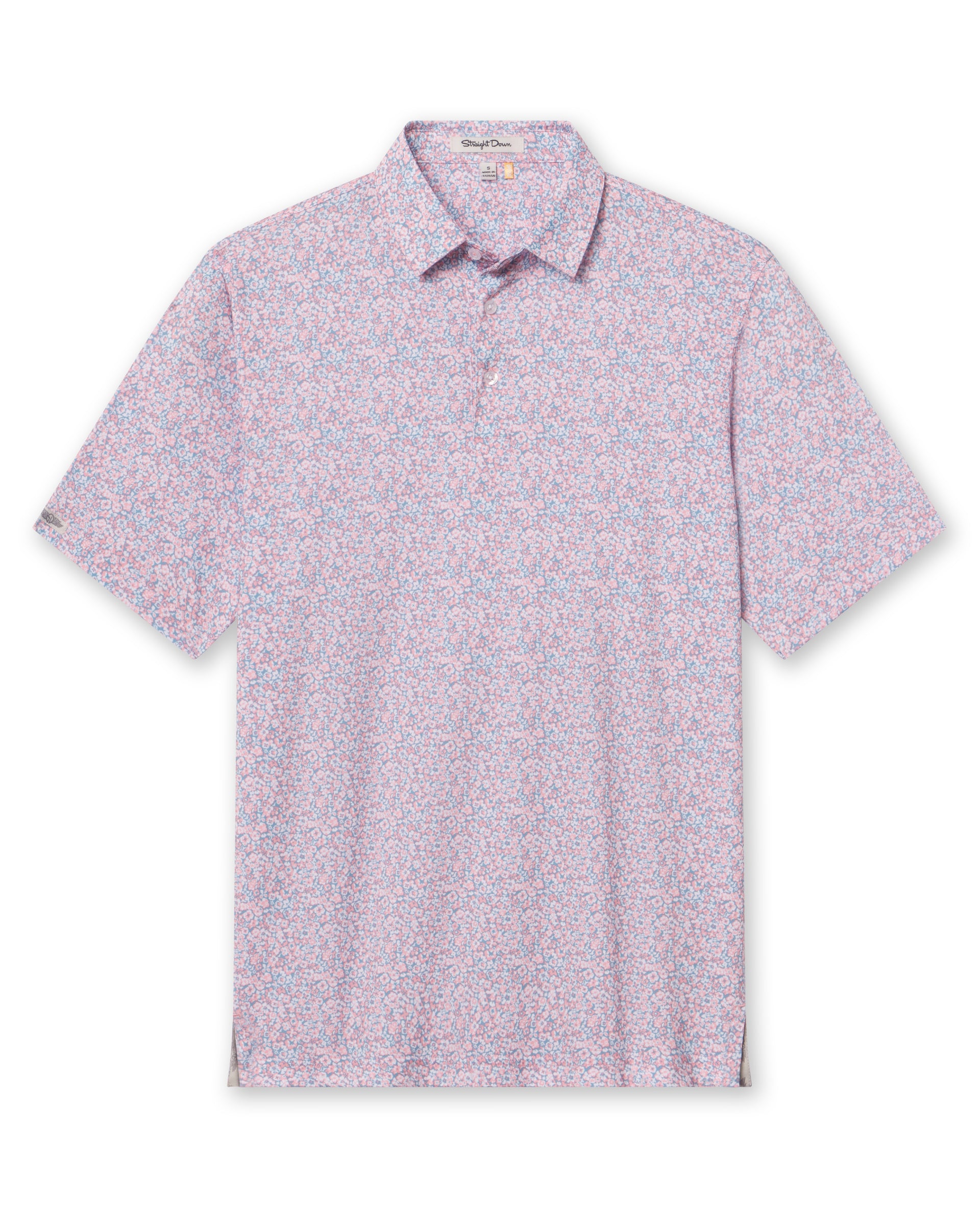 Men's Ocala Polo in Spritz, flat lay front view featuring a blue base with an all-over pink floral print, with Straight Down logo patch visible on sleeve