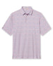 Men's Ocala Polo in Spritz, flat lay front view featuring a blue base with an all-over pink floral print, with Straight Down logo patch visible on sleeve