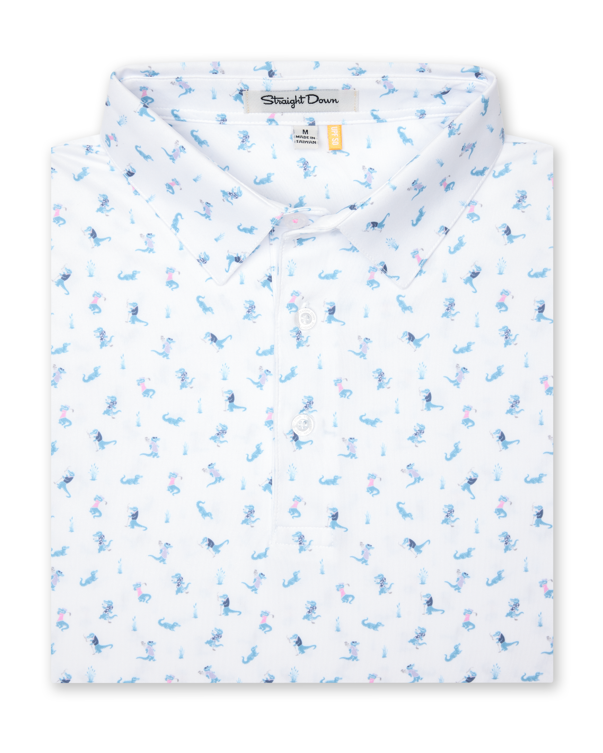 Men's Gators Polo in Violet, folded flat lay front view featuring a white short sleeve polo with an all-over scattered golf-playing alligator print in blue and pink