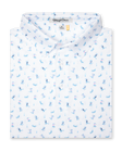 Men's Gators Polo in Violet, folded flat lay front view featuring a white short sleeve polo with an all-over scattered golf-playing alligator print in blue and pink