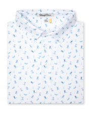 Men's Gators Polo in Violet, folded flat lay front view featuring a white short sleeve polo with an all-over scattered golf-playing alligator print in blue and pink