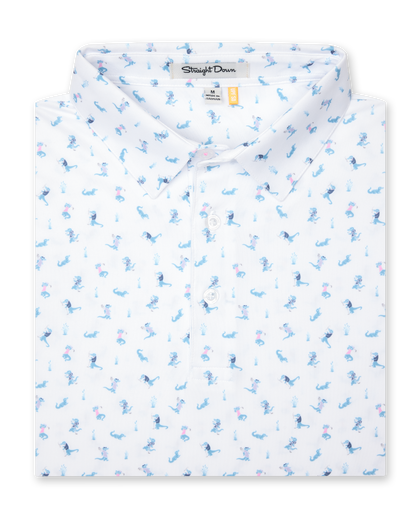 Men's Gators Polo in Violet, folded flat lay front view featuring a white short sleeve polo with an all-over scattered golf-playing alligator print in blue and pink