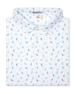 Men's Gators Polo in Violet, folded flat lay front view featuring a white short sleeve polo with an all-over scattered golf-playing alligator print in blue and pink