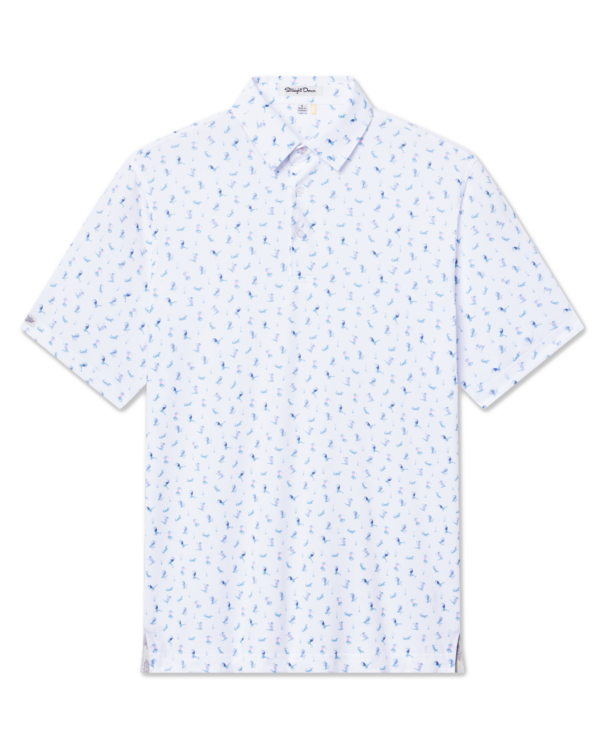 Men's Gators Polo in Violet, flat lay front view featuring a white short sleeve polo with an all-over scattered golf-playing alligator print in blue and pink