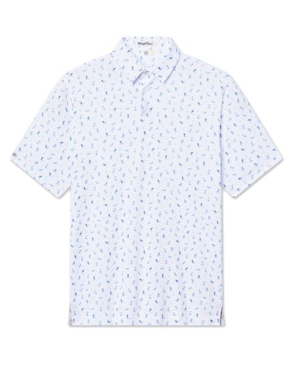 Men's Gators Polo in Violet, flat lay front view featuring a white short sleeve polo with an all-over scattered golf-playing alligator print in blue and pink