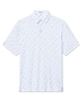 Men's Gators Polo in Violet, flat lay front view featuring a white short sleeve polo with an all-over scattered golf-playing alligator print in blue and pink