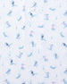 Men's Gators Polo in Violet, close-up flat lay view featuring a white fabric with an all-over scattered golf-playing alligator print in blue and pink with a visible button placket detail