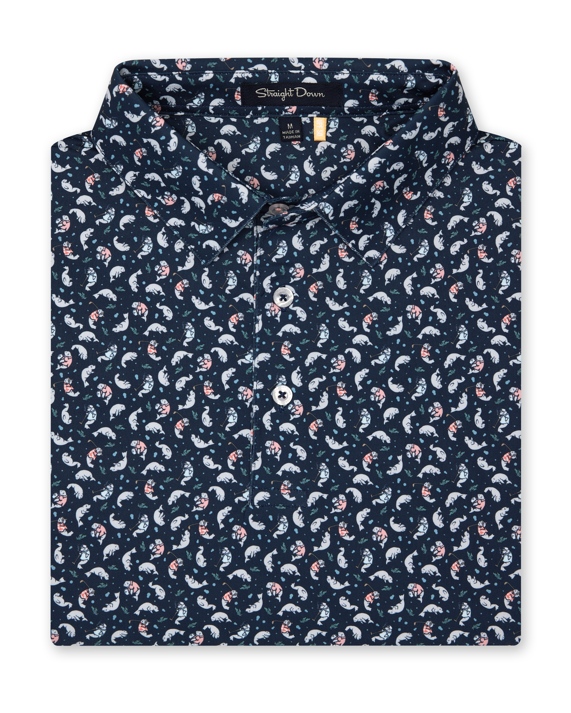 Men's Manatee County Polo in New Indigo, folded flat lay front view featuring a navy short sleeve polo with an all-over scattered golf-playing manatee print in white and pink