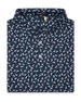 Men's Manatee County Polo in New Indigo, folded flat lay front view featuring a navy short sleeve polo with an all-over scattered golf-playing manatee print in white and pink
