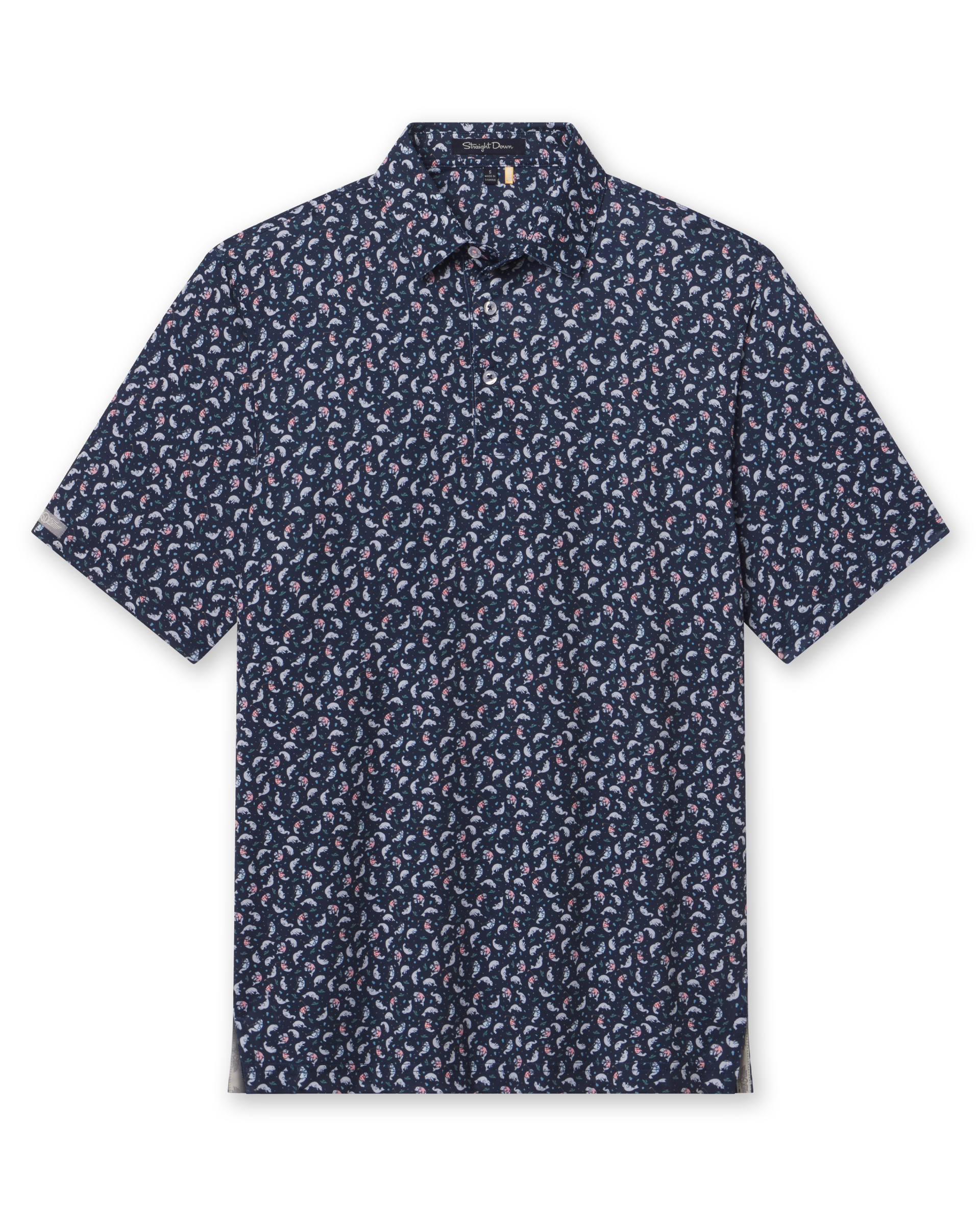 Men's Manatee County Polo in New Indigo, flat lay front view featuring a navy short sleeve polo with an all-over scattered golf-playing manatee print in white and pink