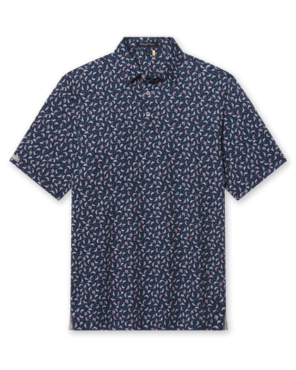 Men's Manatee County Polo in New Indigo, flat lay front view featuring a navy short sleeve polo with an all-over scattered golf-playing manatee print in white and pink