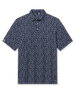 Men's Manatee County Polo in New Indigo, flat lay front view featuring a navy short sleeve polo with an all-over scattered golf-playing manatee print in white and pink
