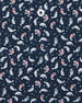 Men's Manatee County Polo in New Indigo, close-up flat lay view featuring a navy fabric with an all-over scattered golf-playing manatee print in white and pink with a visible button placket detail