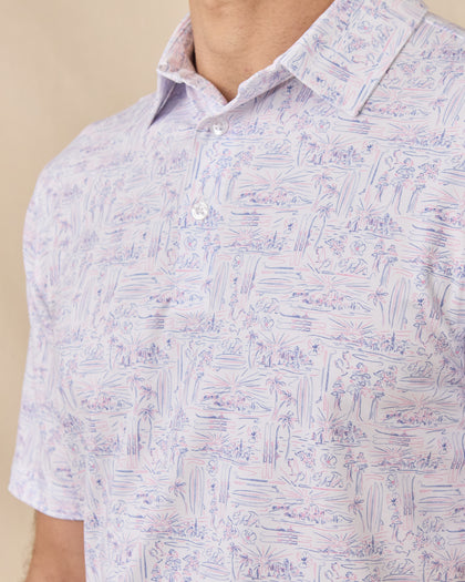 Close-up of the Golden State Polo in Tidal showcasing the California-inspired scenic print, self-collar, and three-button placket