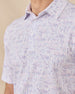 Close-up of the Golden State Polo in Tidal showcasing the California-inspired scenic print, self-collar, and three-button placket
