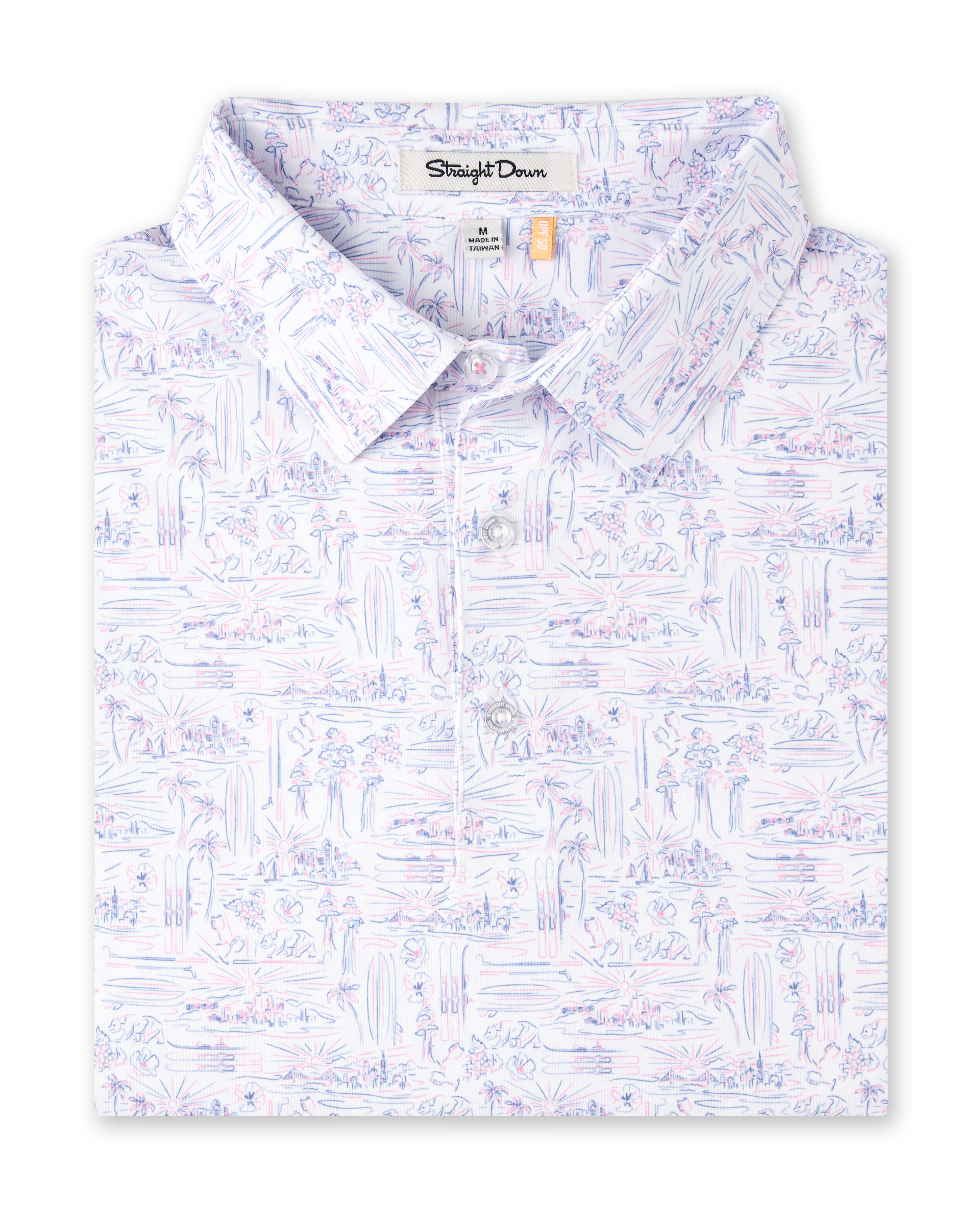 Golden State Polo in Tidal folded to showcase the California-inspired scenic print