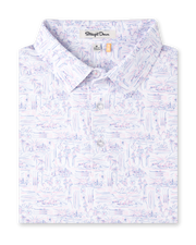 Golden State Polo in Tidal folded to showcase the California-inspired scenic print