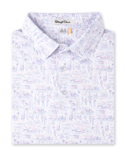 Golden State Polo in Tidal folded to showcase the California-inspired scenic print