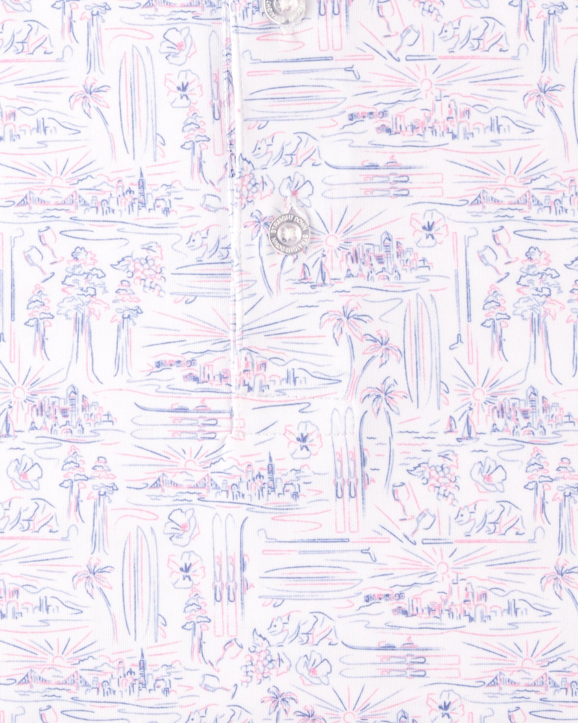 Close-up of the Golden State Polo in Tidal featuring hand-drawn coastal-inspired artwork