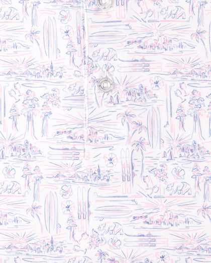 Close-up of the Golden State Polo in Tidal featuring hand-drawn coastal-inspired artwork