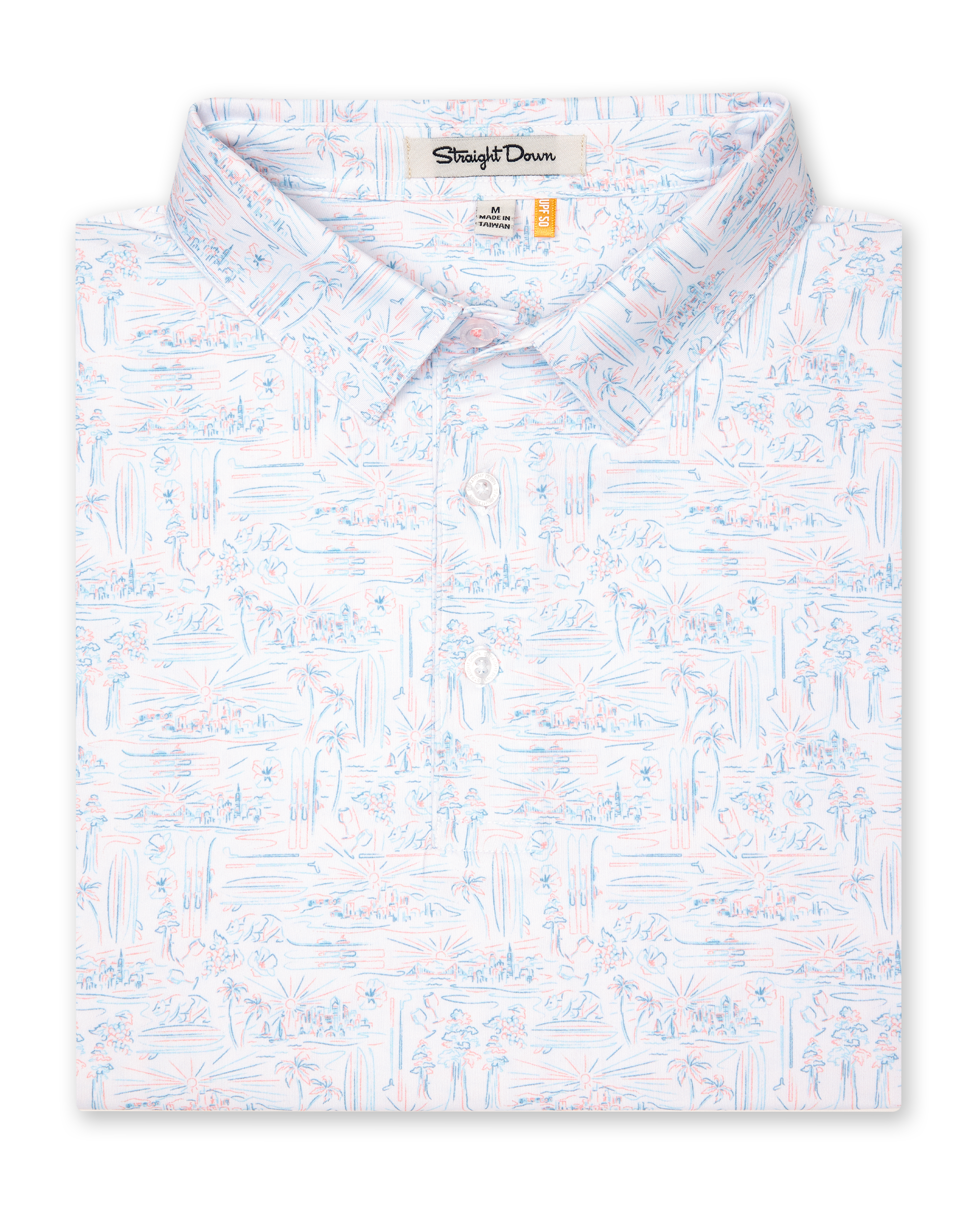 Men's Golden State Polo in Spritz, folded flat lay front view featuring a white base with an all-over blue and pink California landscape sketch print