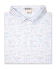 Men's Golden State Polo in Spritz, folded flat lay front view featuring a white base with an all-over blue and pink California landscape sketch print