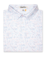 Men's Golden State Polo in Spritz, folded flat lay front view featuring a white base with an all-over blue and pink California landscape sketch print