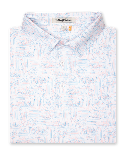 Men's Golden State Polo in Spritz, folded flat lay front view featuring a white base with an all-over blue and pink California landscape sketch print