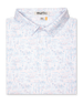 Men's Golden State Polo in Spritz, folded flat lay front view featuring a white base with an all-over blue and pink California landscape sketch print