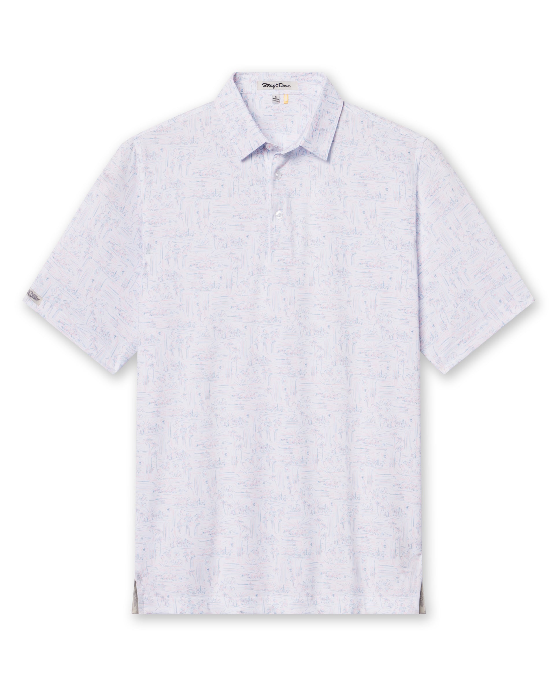 Men's Golden State Polo in Spritz, flat lay front view featuring a white base with an all-over blue and pink California landscape sketch print, with Straight Down logo patch visible on sleeve