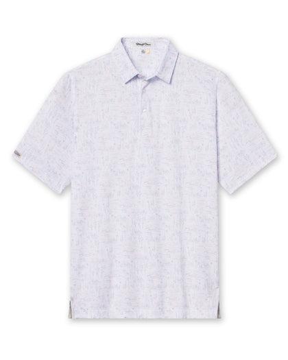 Men's Golden State Polo in Spritz, flat lay front view featuring a white base with an all-over blue and pink California landscape sketch print, with Straight Down logo patch visible on sleeve
