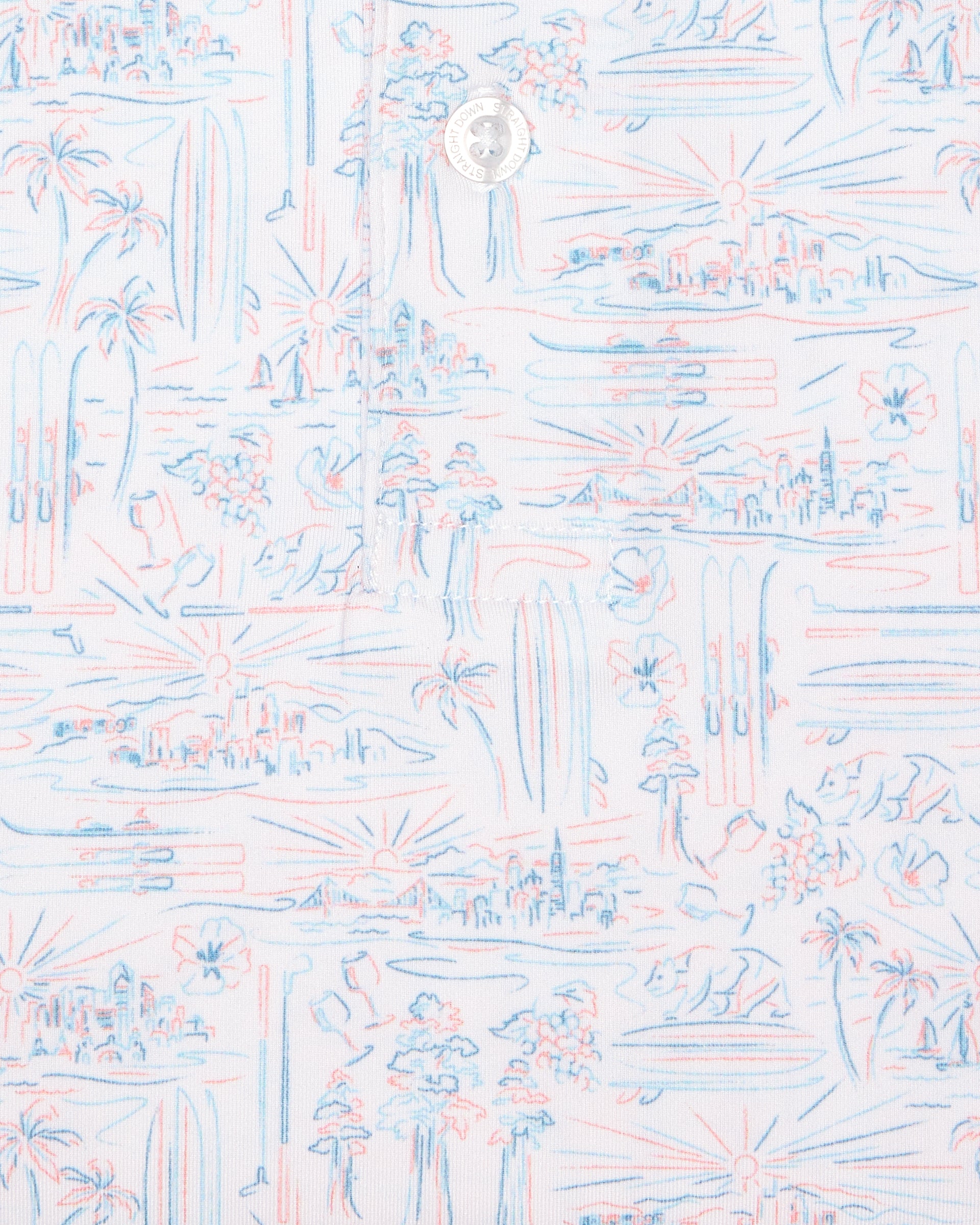 Men's Golden State Polo in Spritz, close-up flat lay fabric detail view highlighting the blue and pink California landscape sketch print featuring palm trees, sunsets, and coastal scenes on a white base