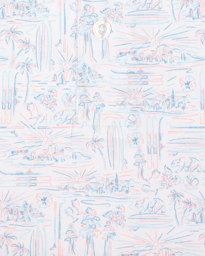 Men's Golden State Polo in Spritz, close-up flat lay fabric detail view highlighting the blue and pink California landscape sketch print featuring palm trees, sunsets, and coastal scenes on a white base