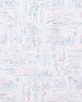 Men's Golden State Polo in Spritz, close-up flat lay fabric detail view highlighting the blue and pink California landscape sketch print featuring palm trees, sunsets, and coastal scenes on a white base