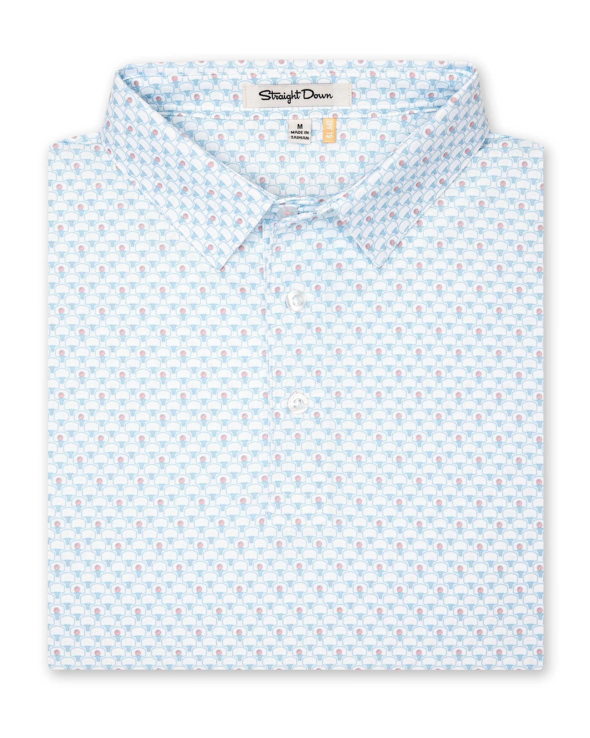 Men's Slam Dunk Polo in Coastal, folded flat lay front view featuring an allover basketball hoop and ball print in light blue and pink on white