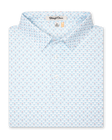 Men's Slam Dunk Polo in Coastal, folded flat lay front view featuring an allover basketball hoop and ball print in light blue and pink on white