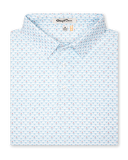 Men's Slam Dunk Polo in Coastal, folded flat lay front view featuring an allover basketball hoop and ball print in light blue and pink on white