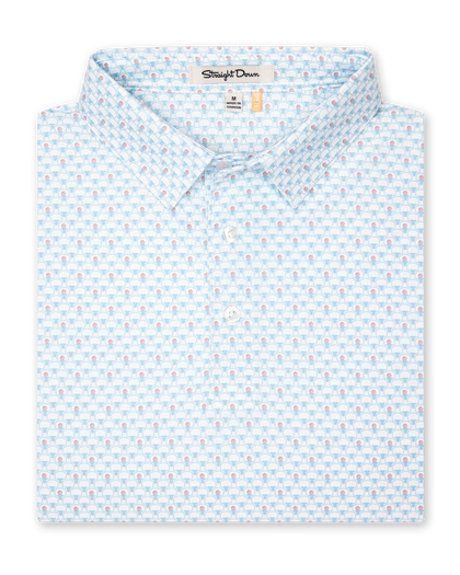 Men's Slam Dunk Polo in Coastal, folded flat lay front view featuring an allover basketball hoop and ball print in light blue and pink on white