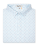 Men's Slam Dunk Polo in Coastal, folded flat lay front view featuring an allover basketball hoop and ball print in light blue and pink on white